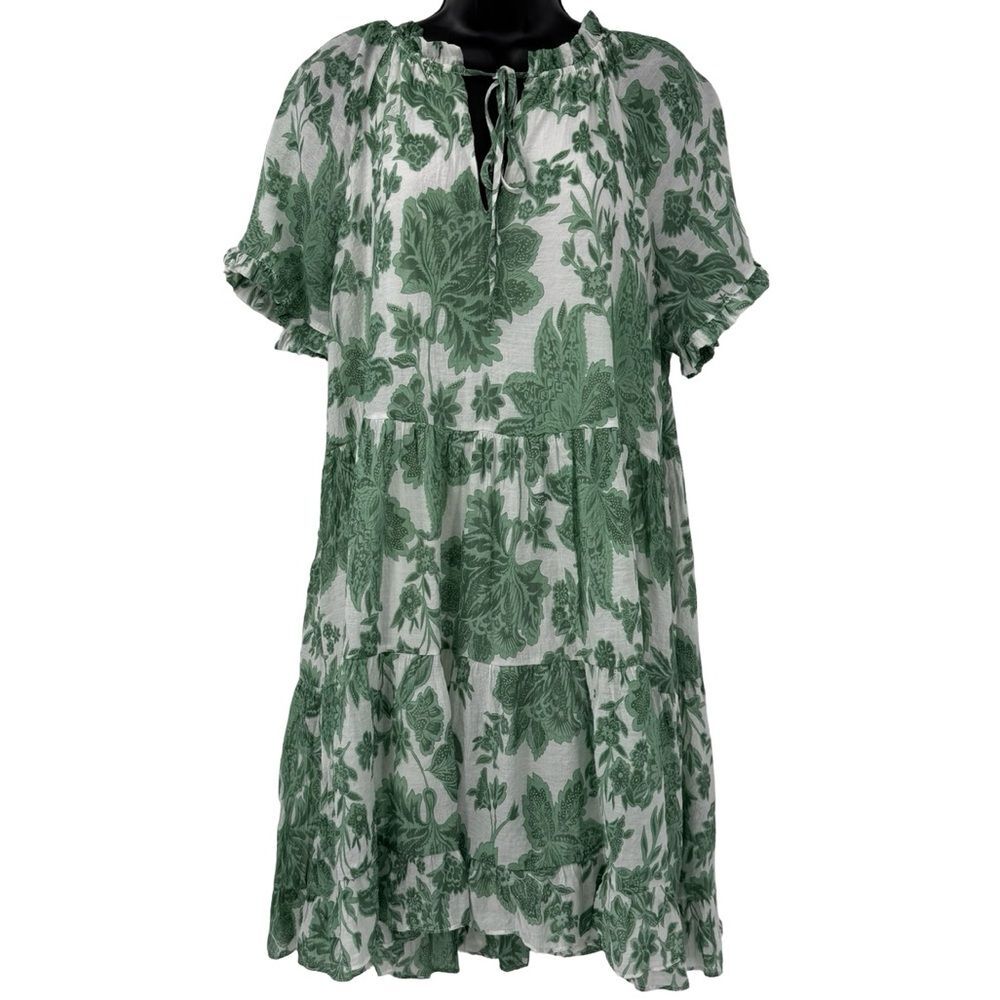 Current Air Los Angeles Floral Tiered Mini Dress in Green/White | Size Large
